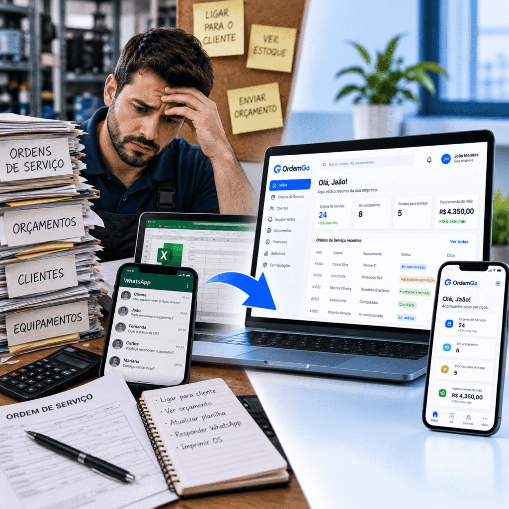 Sistema de ordem de serviço online substituindo papel e planilhas