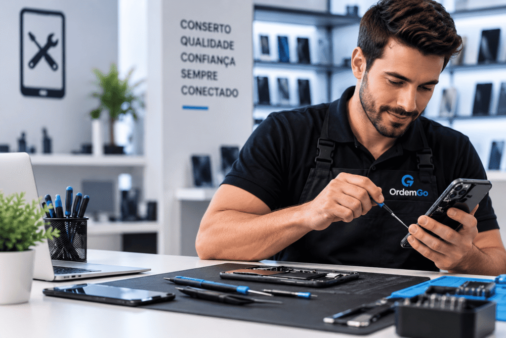 Técnico utilizando sistema para assistência técnica de celular OrdemGo
