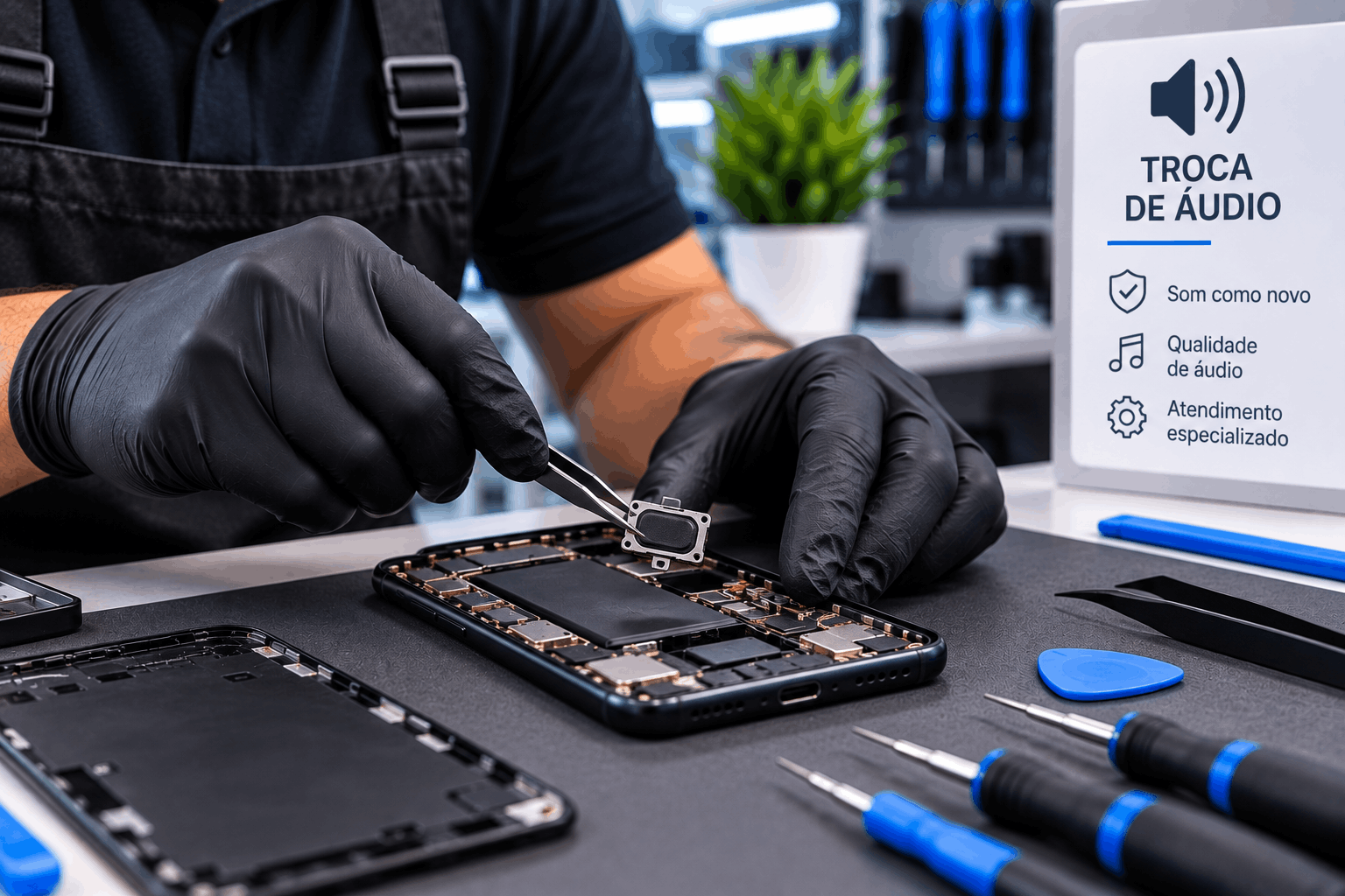 Técnico realizando reparo de áudio em celular em assistência técnica