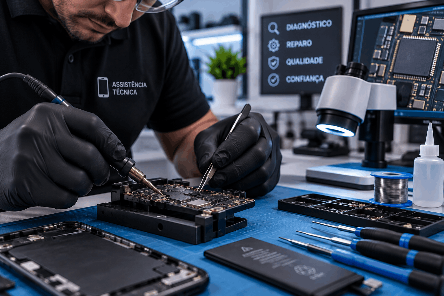 Técnico realizando reparo de placa de celular em assistência técnica