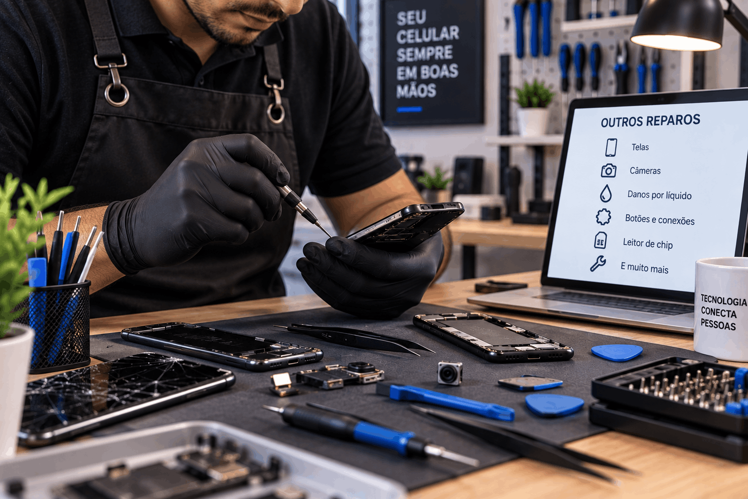 Técnico realizando diferentes reparos de celulares em assistência técnica