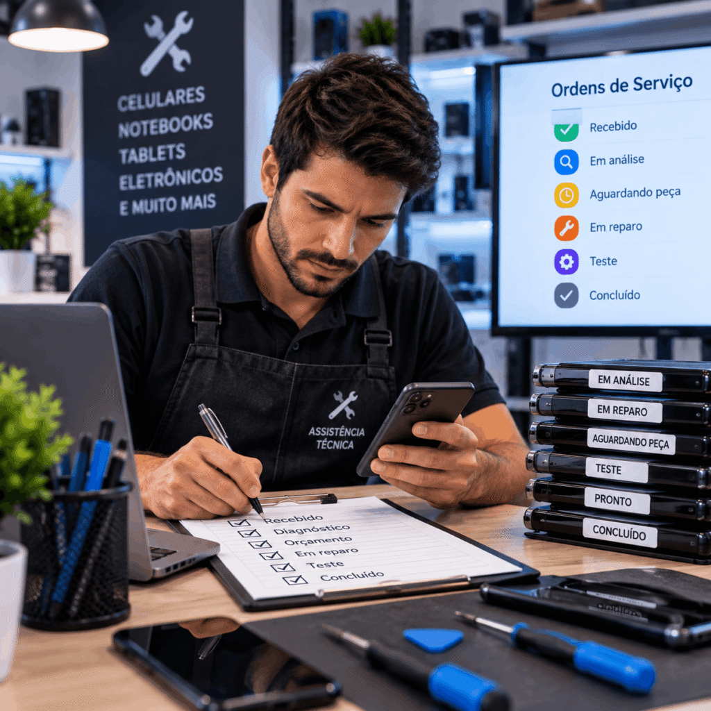 Técnico acompanhando status de reparos de celulares e Ordens de Serviço