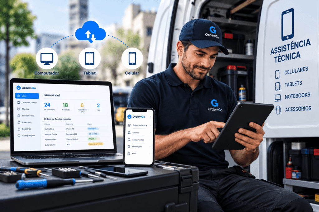 Técnico acessando sistema para assistência técnica de celular pelo tablet fora da empresa