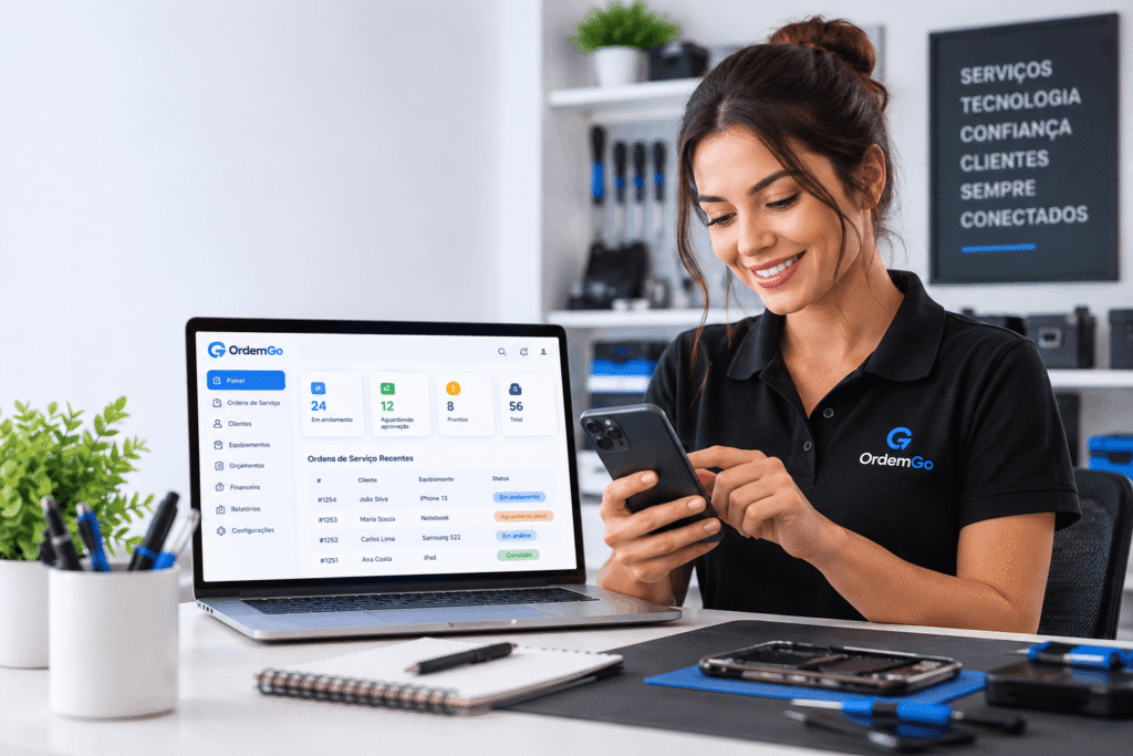Ordem de serviço online sendo gerenciada pelo sistema OrdemGo no computador e celular