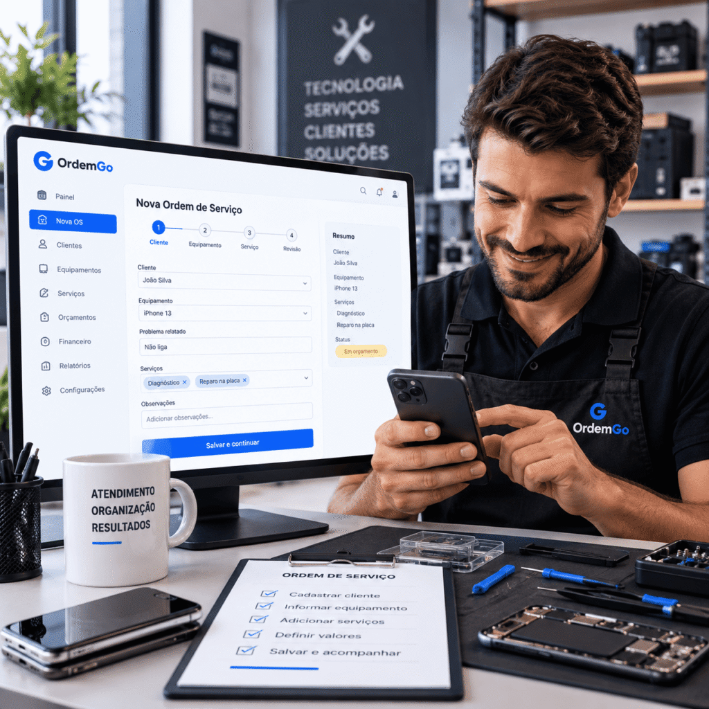 écnico utilizando o sistema de Ordem de Serviço Online OrdemGo para cadastrar e organizar atendimentos.