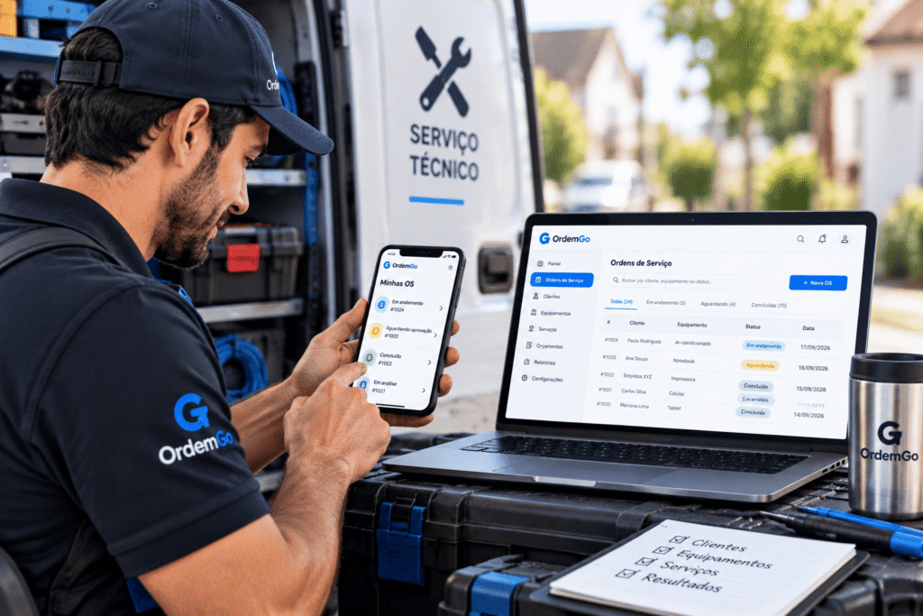 Técnico acessando Ordens de Serviço online pelo celular e notebook com o sistema OrdemGo