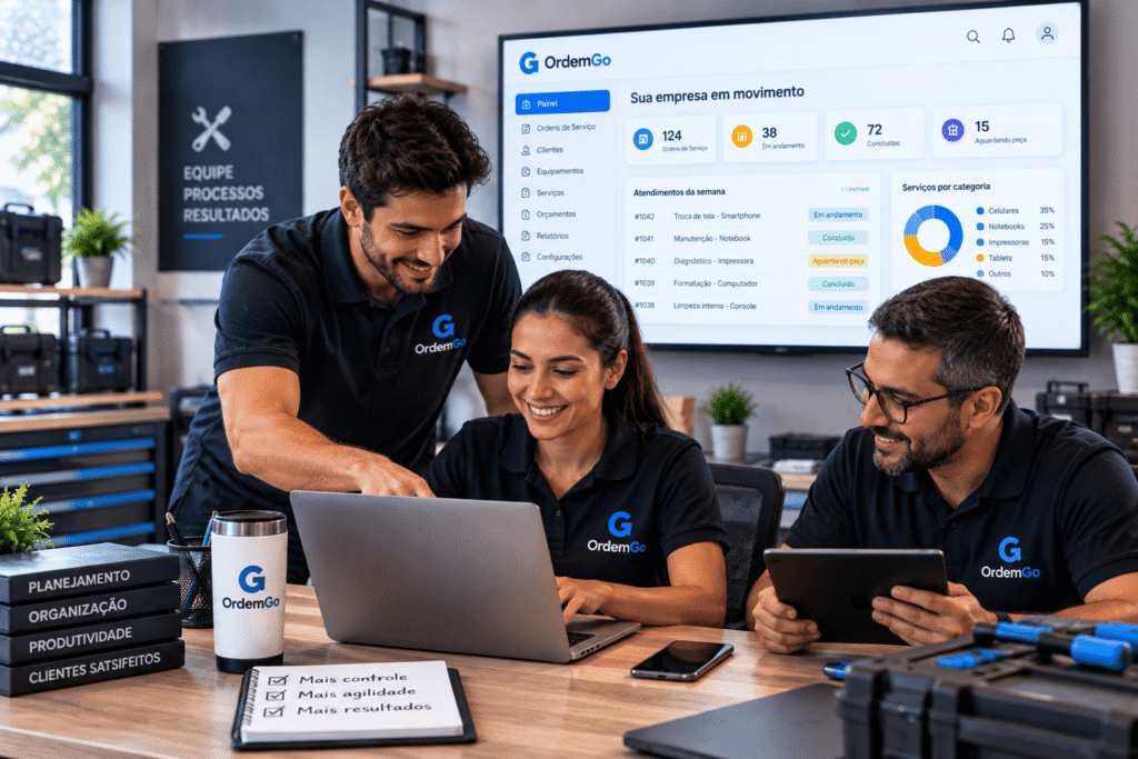 Equipe utilizando o sistema de Ordem de Serviço Online OrdemGo para organizar atendimentos e acompanhar serviços
