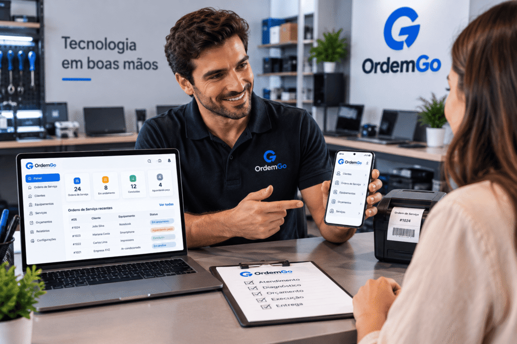 App de ordem de serviço OrdemGo sendo utilizado no celular e computador para gerenciar atendimentos.