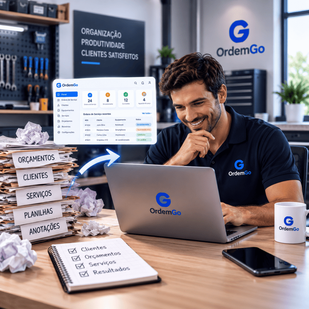 App de ordem de serviço substituindo papéis e planilhas na gestão de atendimentos.