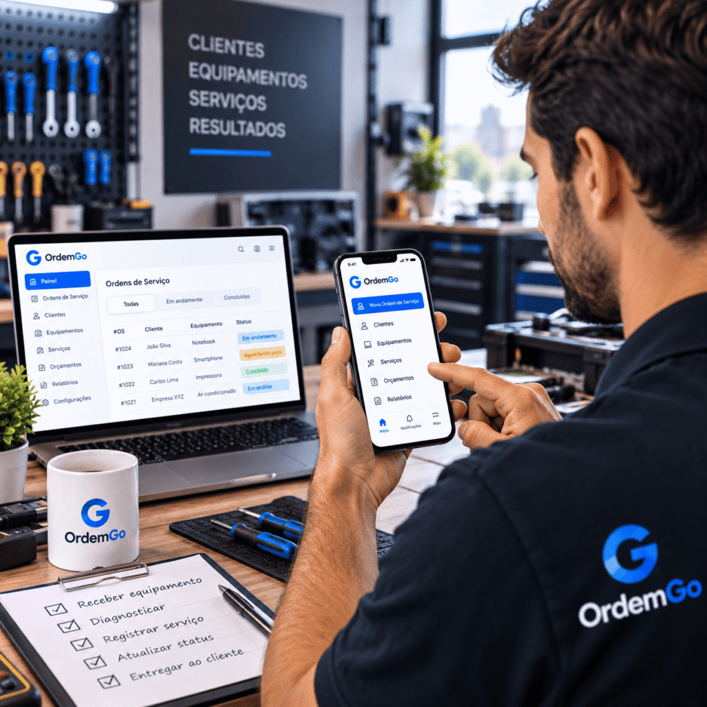 Técnico utilizando o app de ordem de serviço no celular para organizar clientes, equipamentos e serviços.