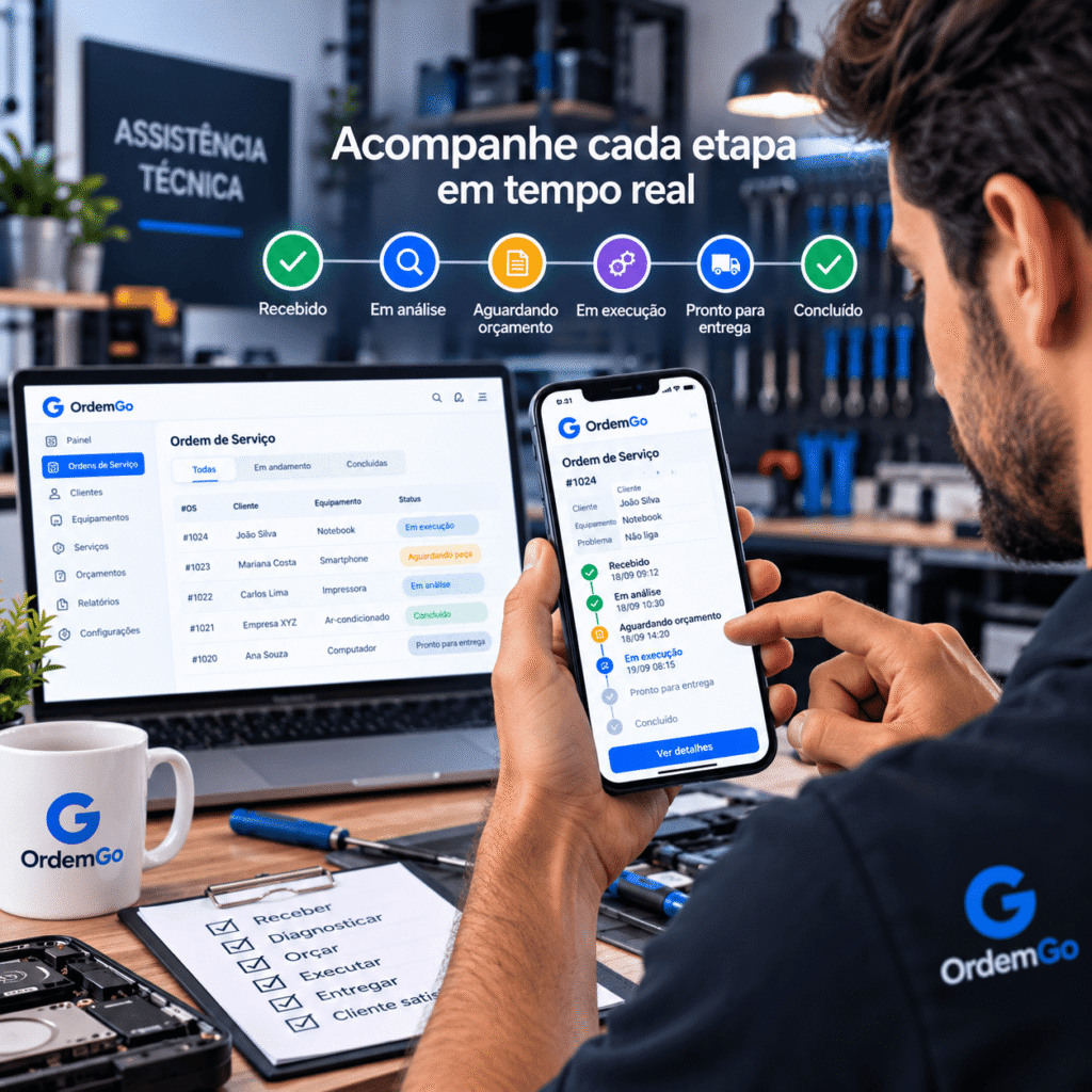 Técnico acompanhando o status de uma ordem de serviço pelo app OrdemGo no celular.