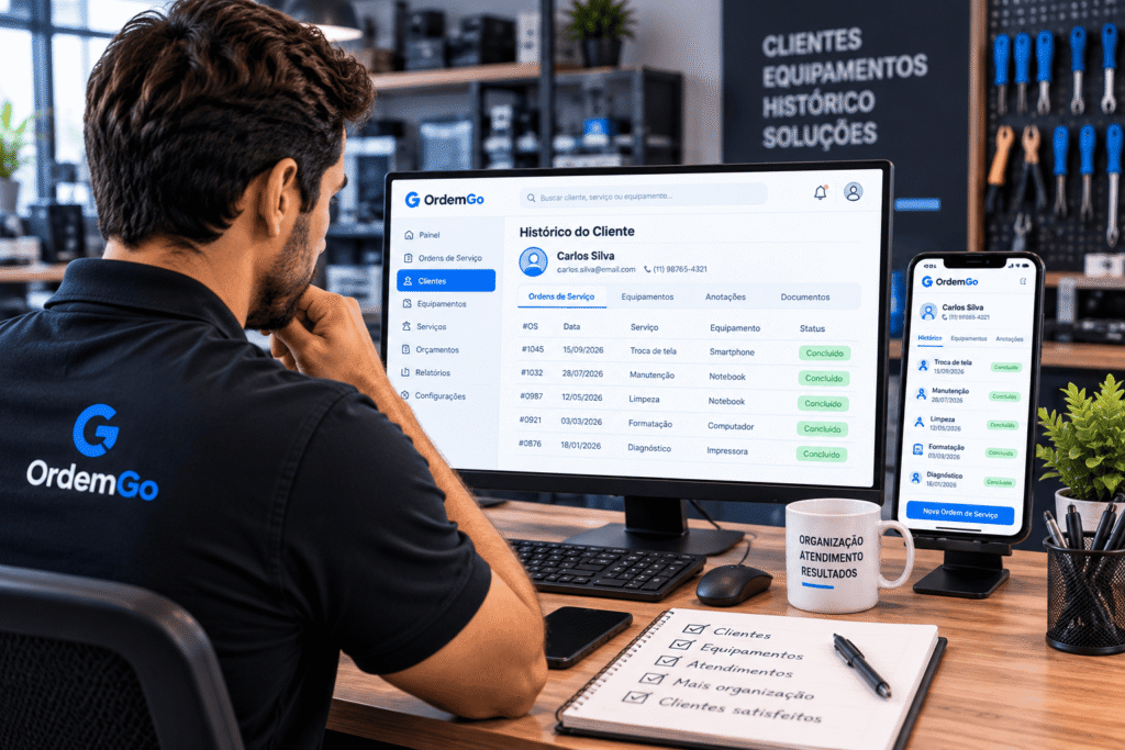 Técnico consultando o histórico de clientes e atendimentos no app de ordem de serviço OrdemGo.