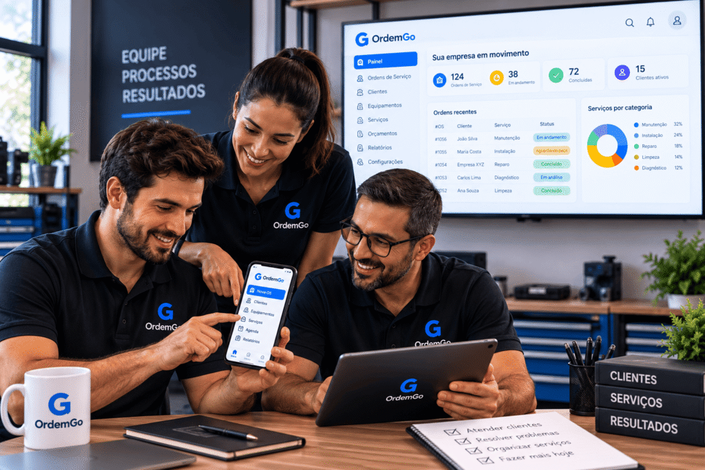 Equipe utilizando o App Ordem de Serviço OrdemGo no celular e tablet para organizar e acompanhar atendimentos.