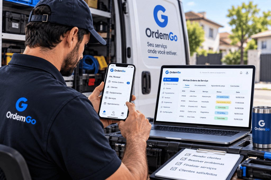 Técnico utilizando o App Ordem de Serviço OrdemGo no tablet para gerenciar atendimentos e serviços em campo.