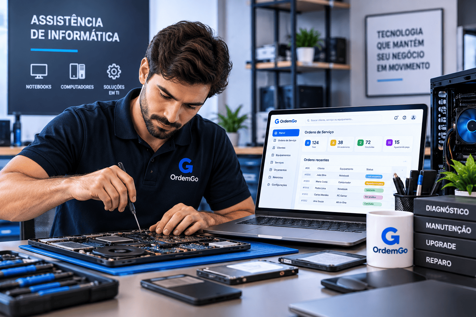 Técnico utilizando o sistema OrdemGo durante manutenção de notebook em assistência de informática.